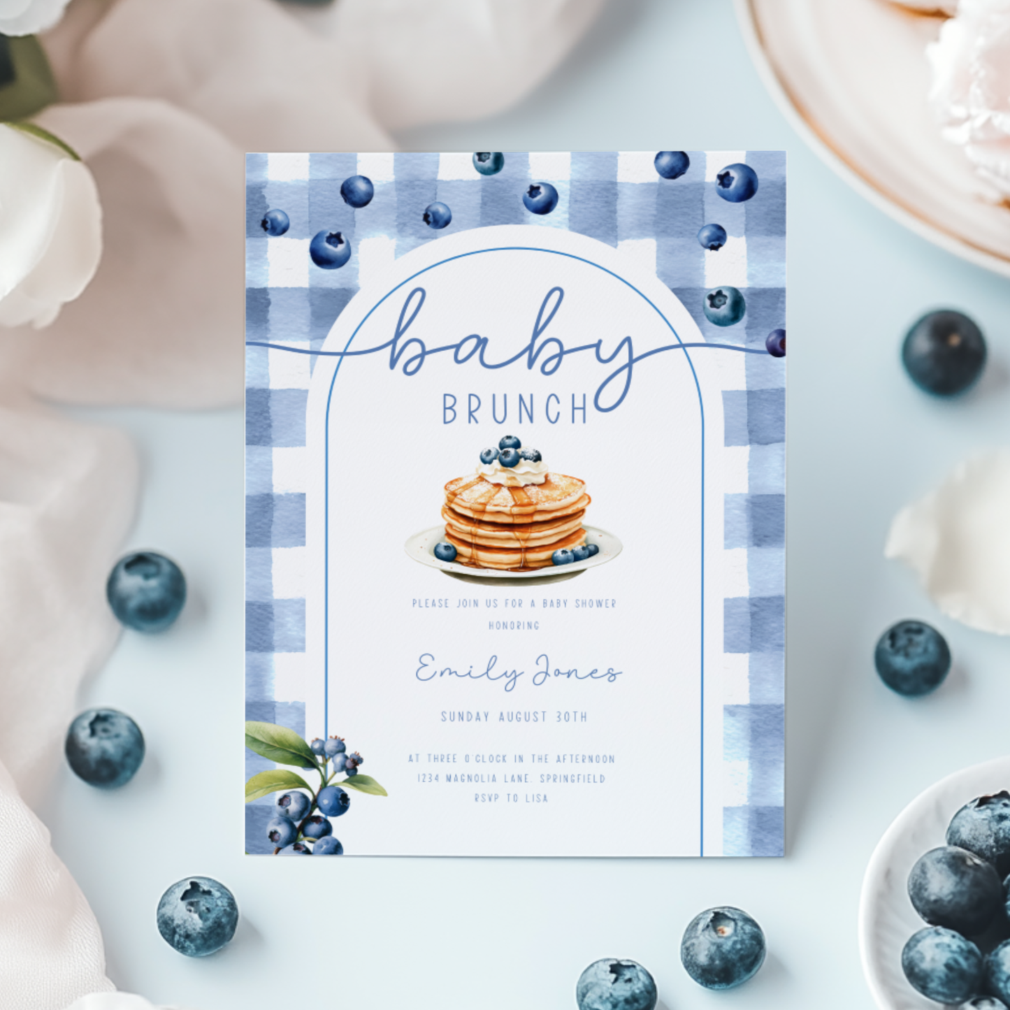 Baby Shower Invitation - Baby Brunch Blueberry Pancakes BS192