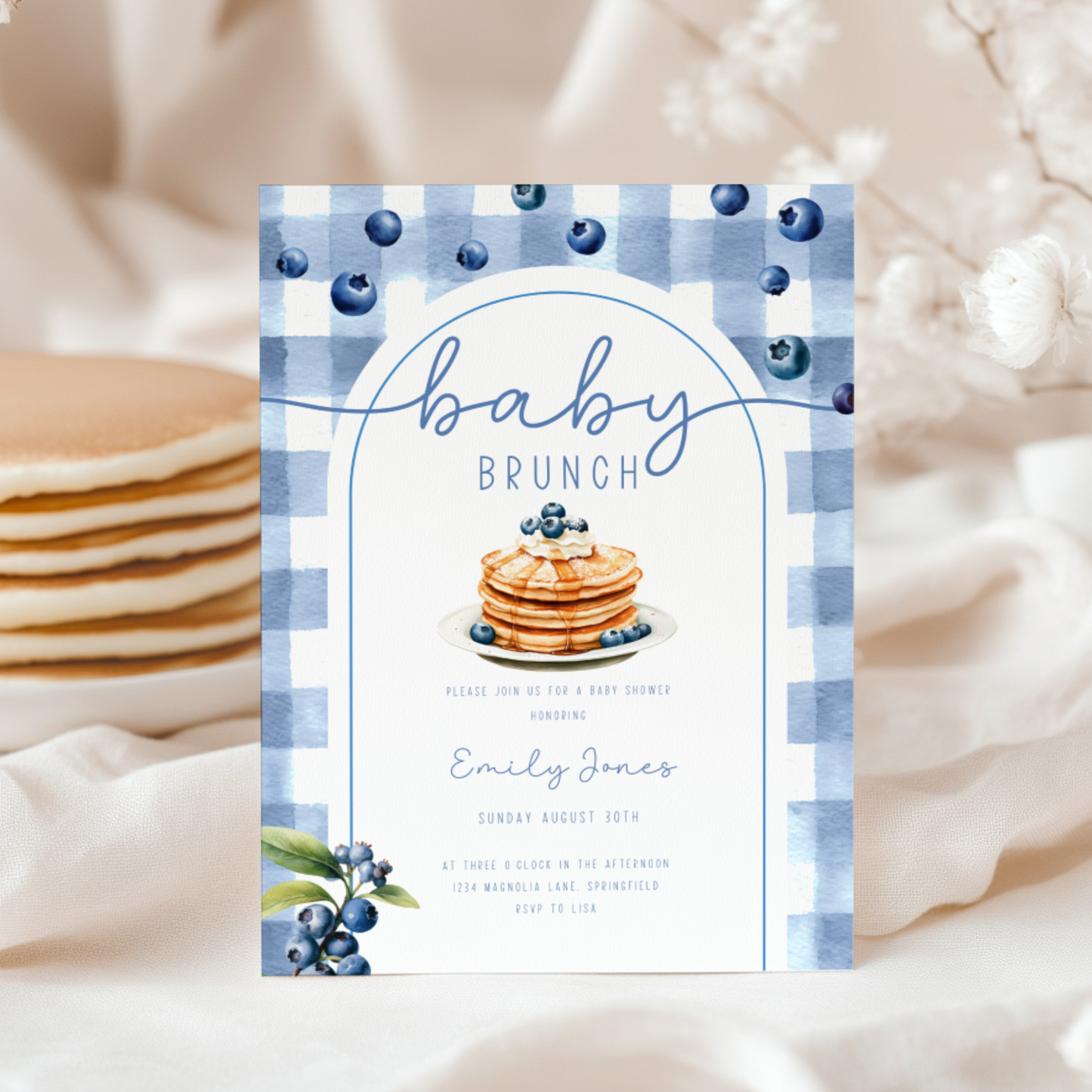 Baby Shower Invitation - Baby Brunch Blueberry Pancakes BS192