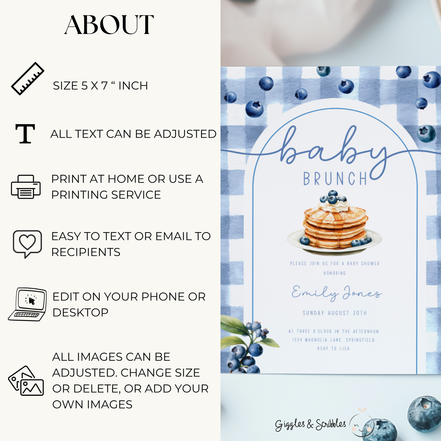 Baby Shower Invitation - Baby Brunch Blueberry Pancakes BS192