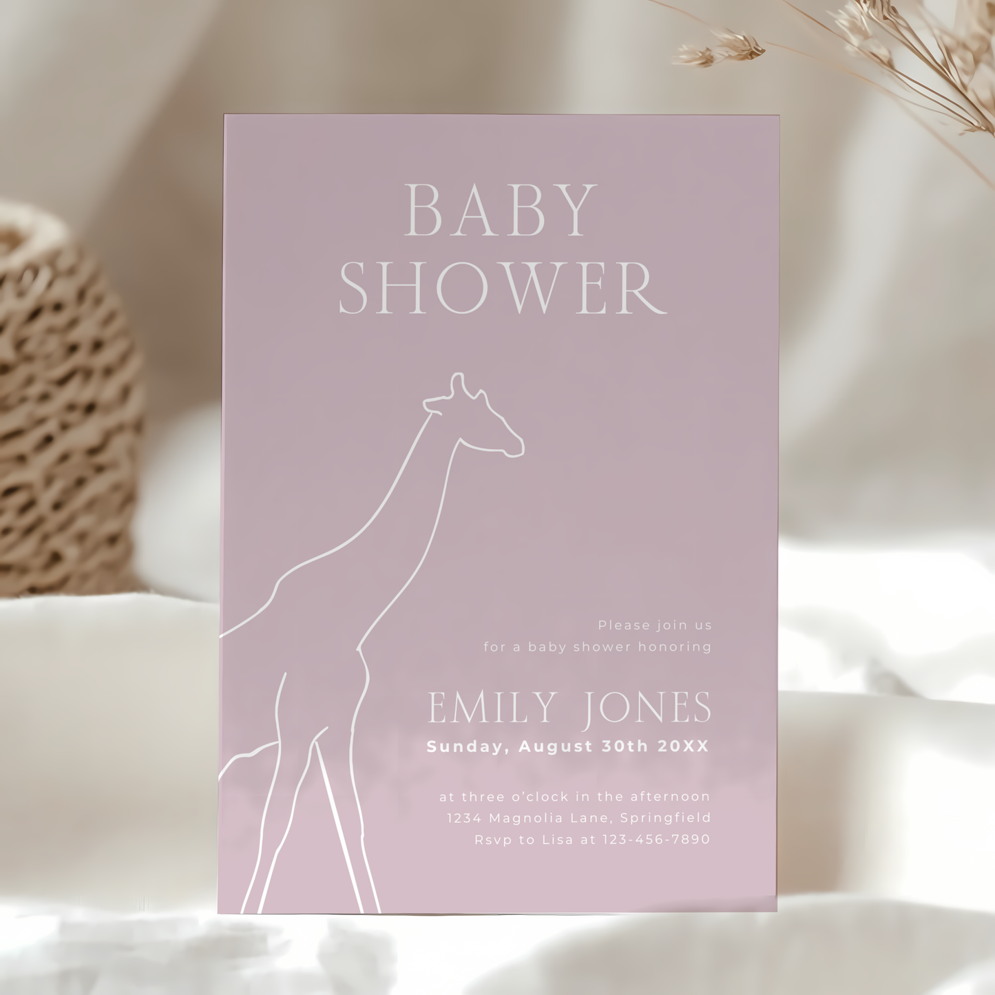 Baby Shower Invitation - Modern Pink Giraffe Outline BS171