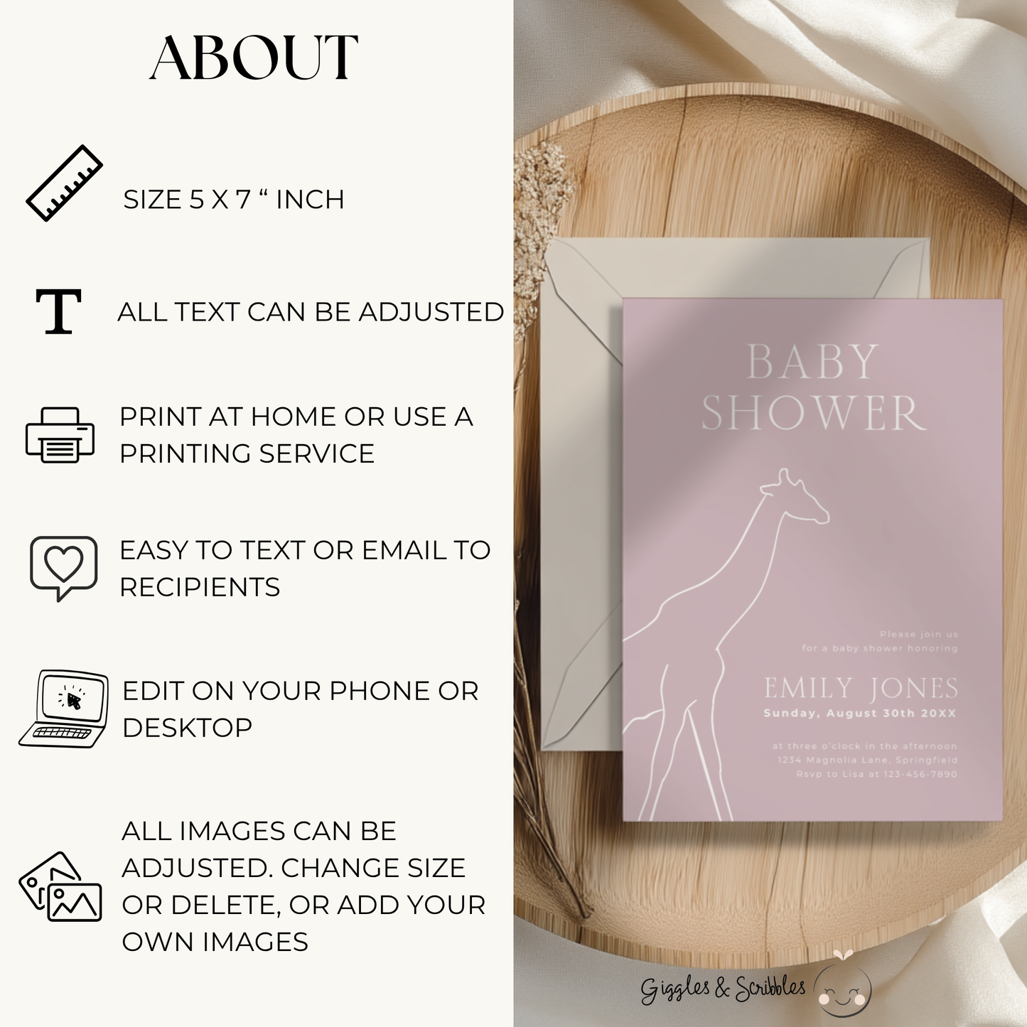 Baby Shower Invitation - Modern Pink Giraffe Outline BS171