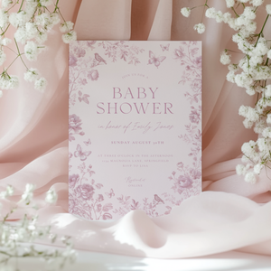 Baby Shower Invitation - Romantic Toile de Jouy Blush Elegant Pink Vintage Floral BS187
