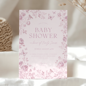 Baby Shower Invitation - Romantic Toile de Jouy Blush Elegant Pink Vintage Floral BS187