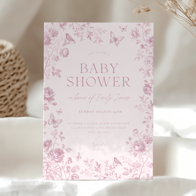 Baby Shower Invitation - Romantic Toile de Jouy Blush Elegant Pink Vintage Floral BS187