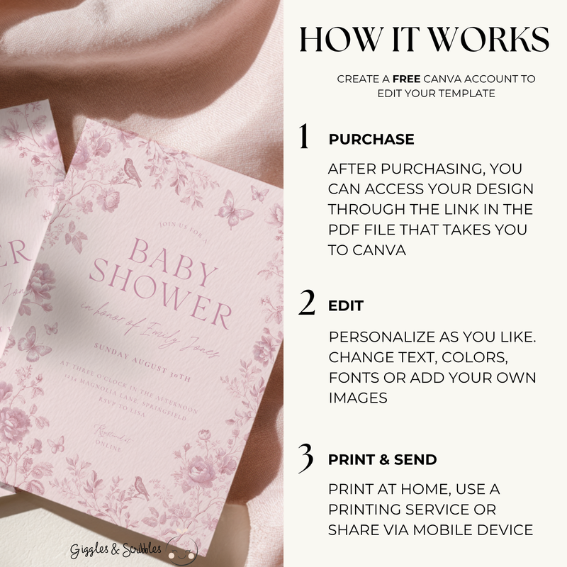 Baby Shower Invitation - Romantic Toile de Jouy Blush Elegant Pink Vintage Floral BS187