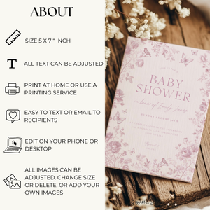 Baby Shower Invitation - Romantic Toile de Jouy Blush Elegant Pink Vintage Floral BS187