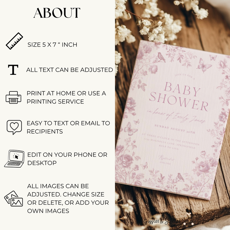 Baby Shower Invitation - Romantic Toile de Jouy Blush Elegant Pink Vintage Floral BS187
