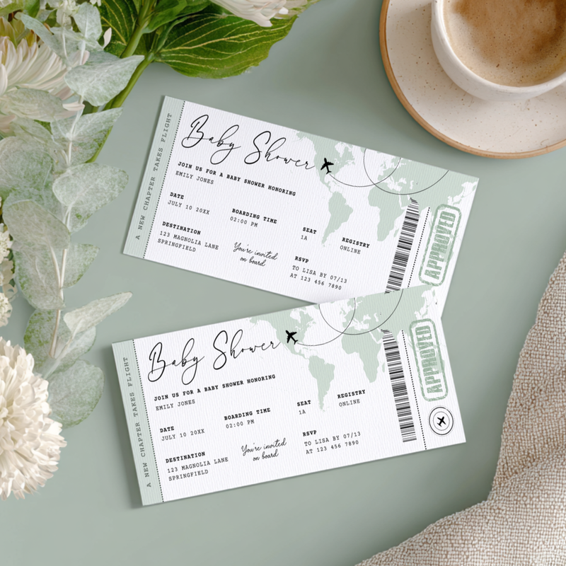 Sage Green Boarding Pass Baby Shower Invitation BS281