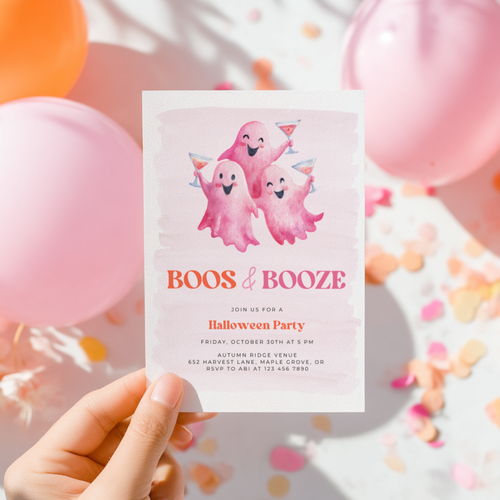 Pink Boos and Booze Halloween Party Invitation L13