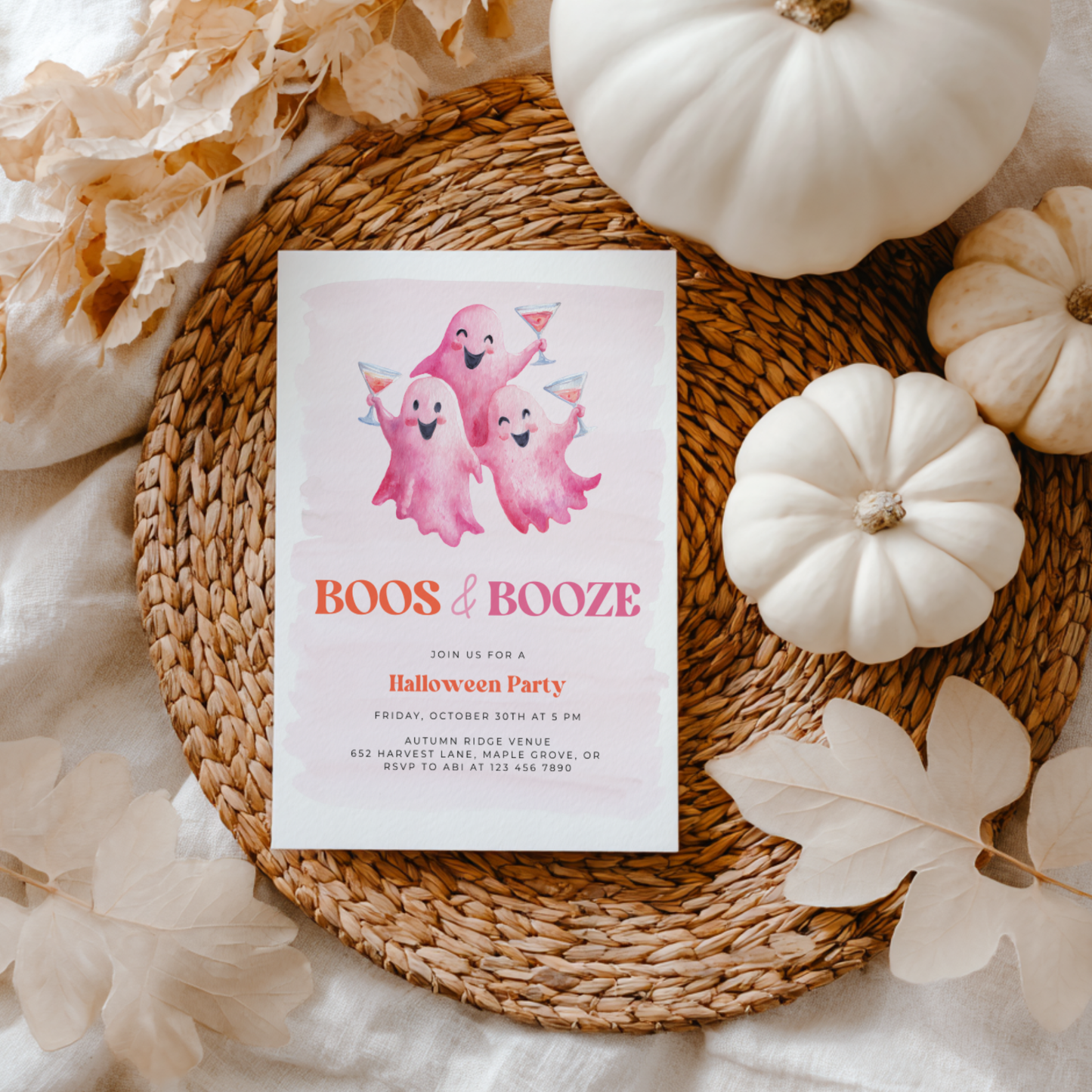 Pink Boos and Booze Halloween Party Invitation L13