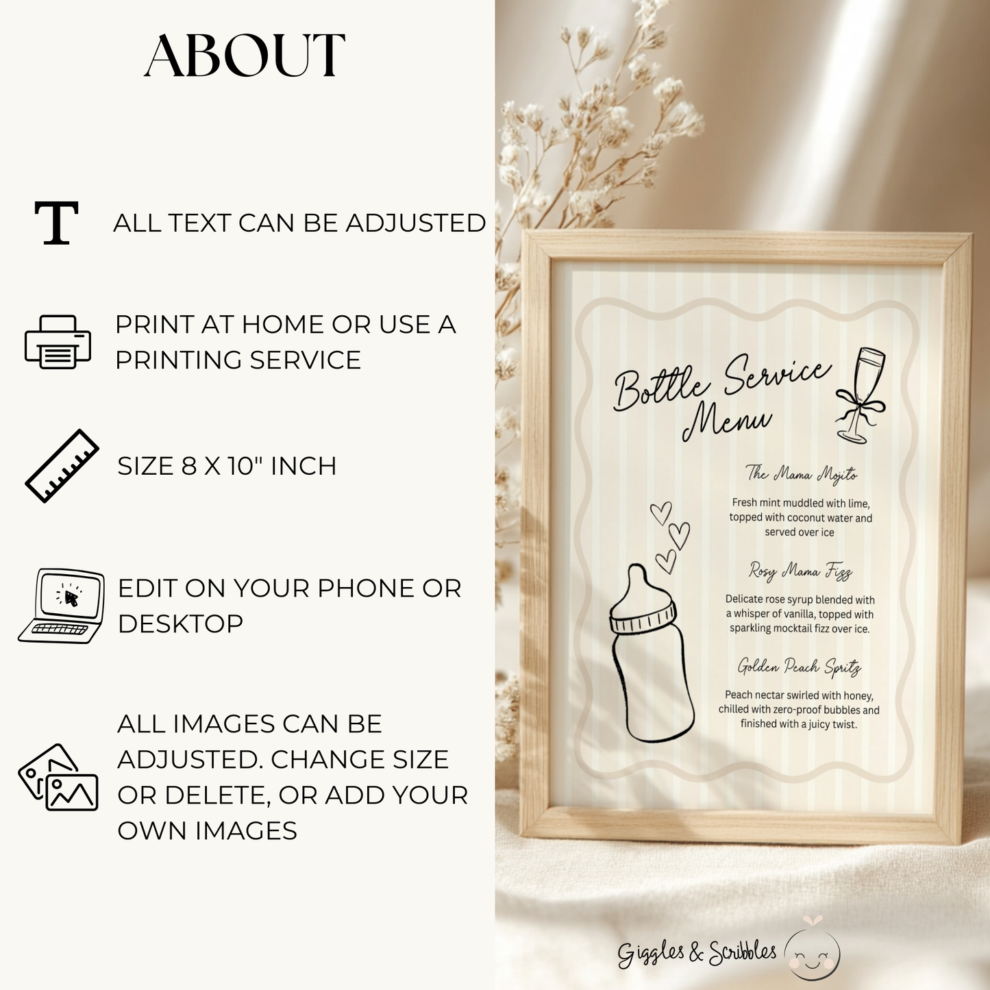Beige Bottle Service Menu Baby Shower Sign BS278