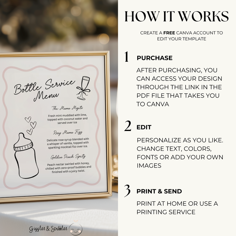 Bottle Service Menu Baby Shower Sign Dusty Pink Drink Station BS278