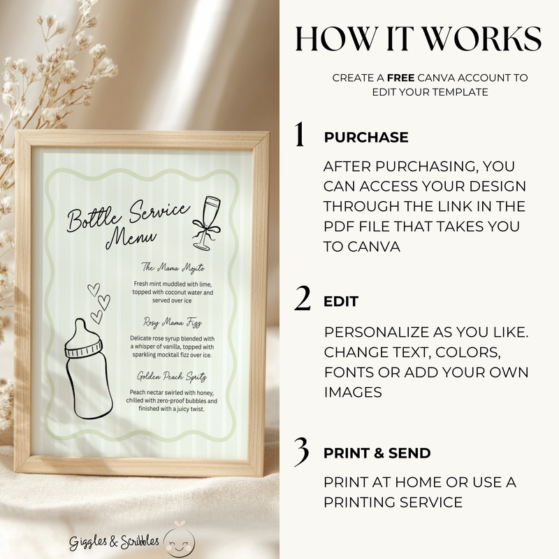 Sage Green Bottle Service Menu Baby Shower Sign BS278