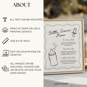 Sage Green Bottle Service Menu Baby Shower Sign BS278
