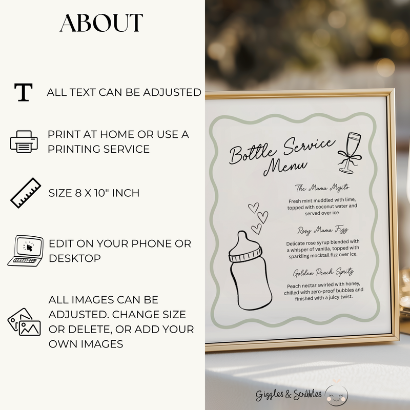 Sage Green Bottle Service Menu Baby Shower Sign BS278
