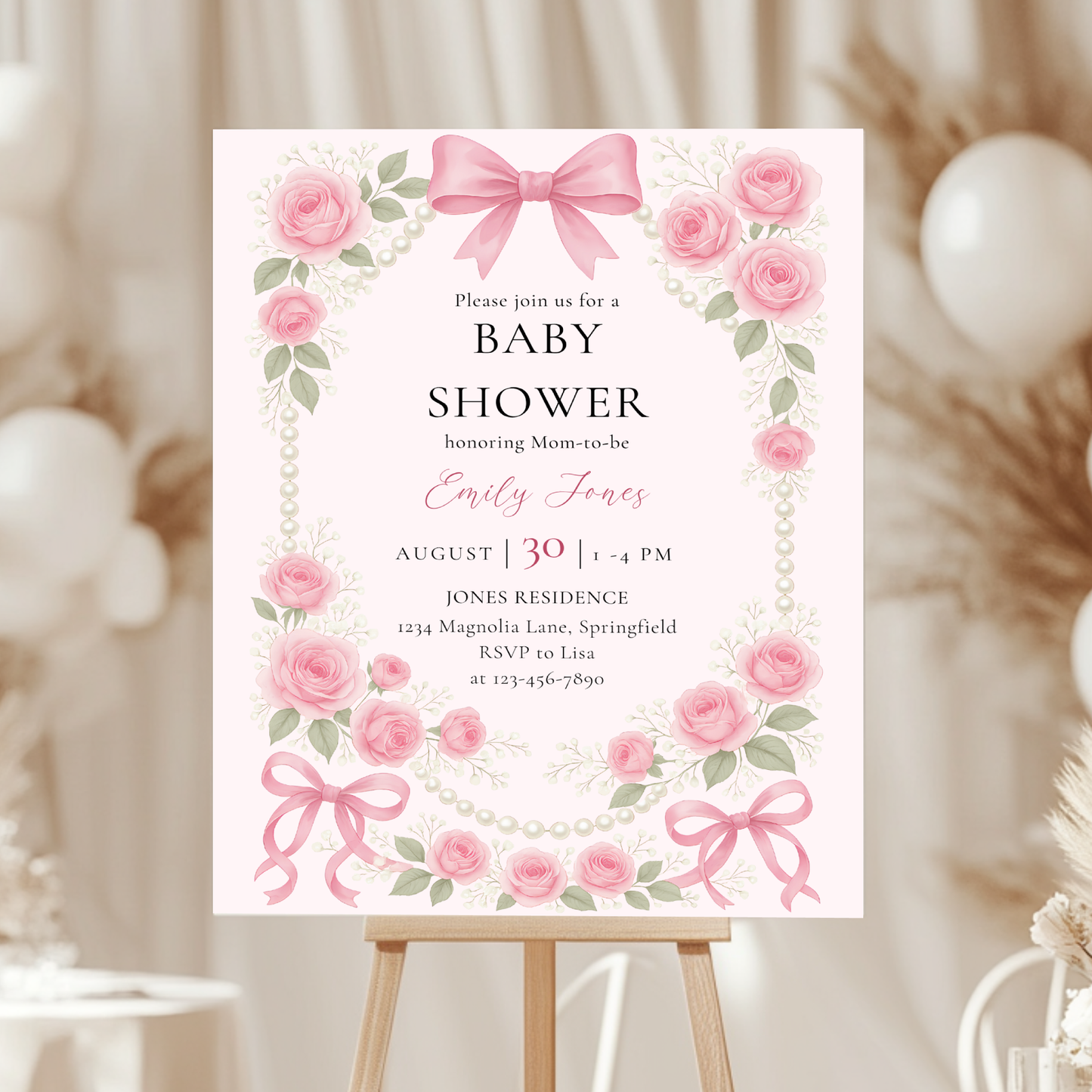 Baby Shower Welcome Sign - Coquette Pearls and Bows Pink Vintage Roses BS161