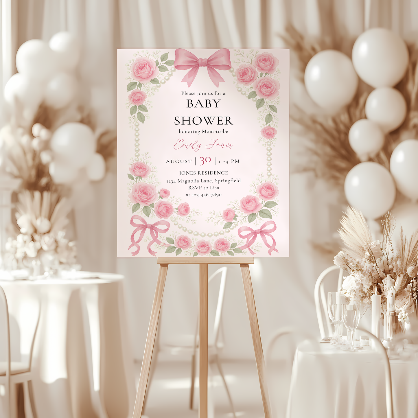Baby Shower Welcome Sign - Coquette Pearls and Bows Pink Vintage Roses BS161