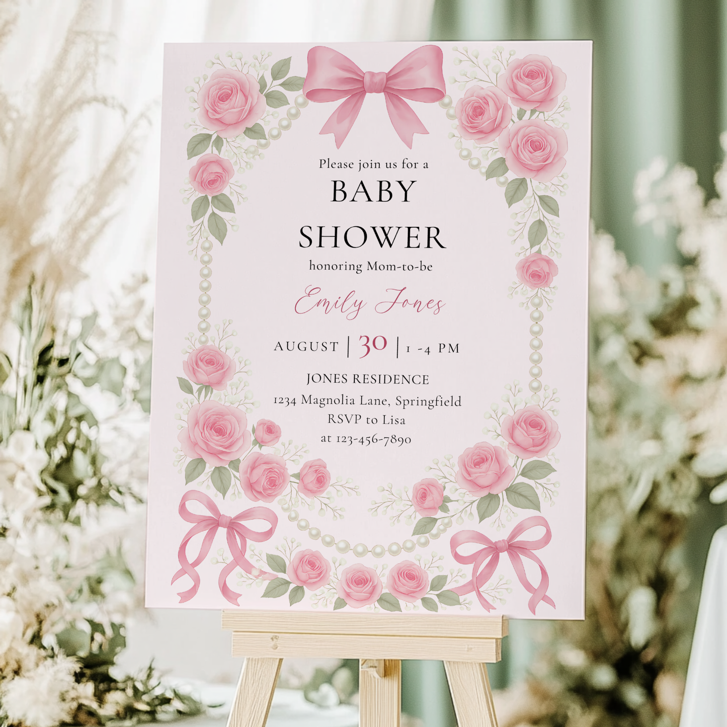 Baby Shower Welcome Sign - Coquette Pearls and Bows Pink Vintage Roses BS161