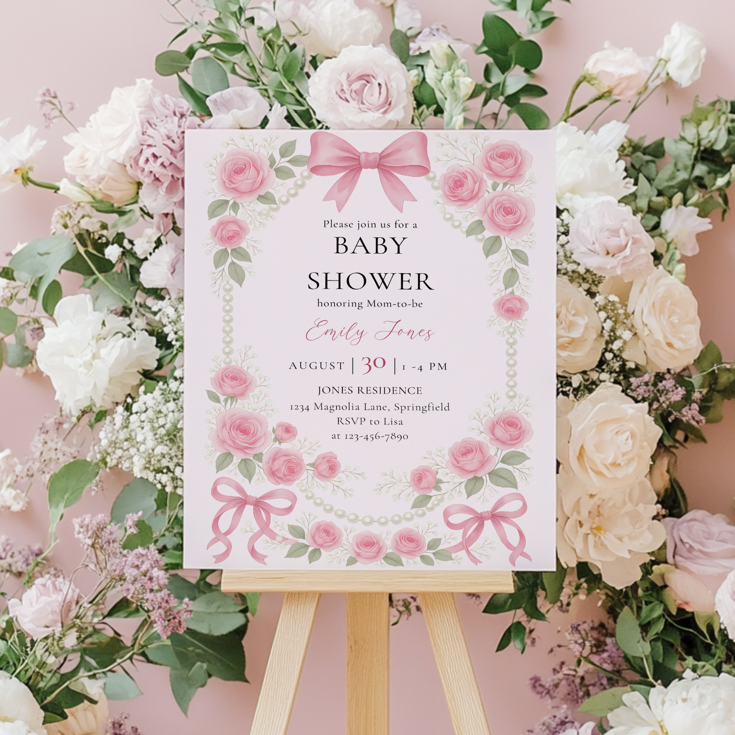 Baby Shower Welcome Sign - Coquette Pearls and Bows Pink Vintage Roses BS161