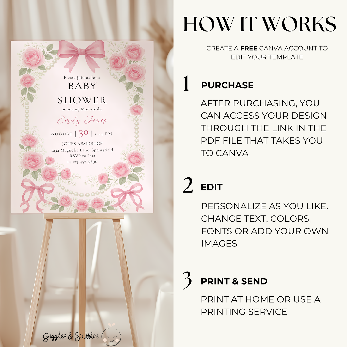 Baby Shower Welcome Sign - Coquette Pearls and Bows Pink Vintage Roses BS161