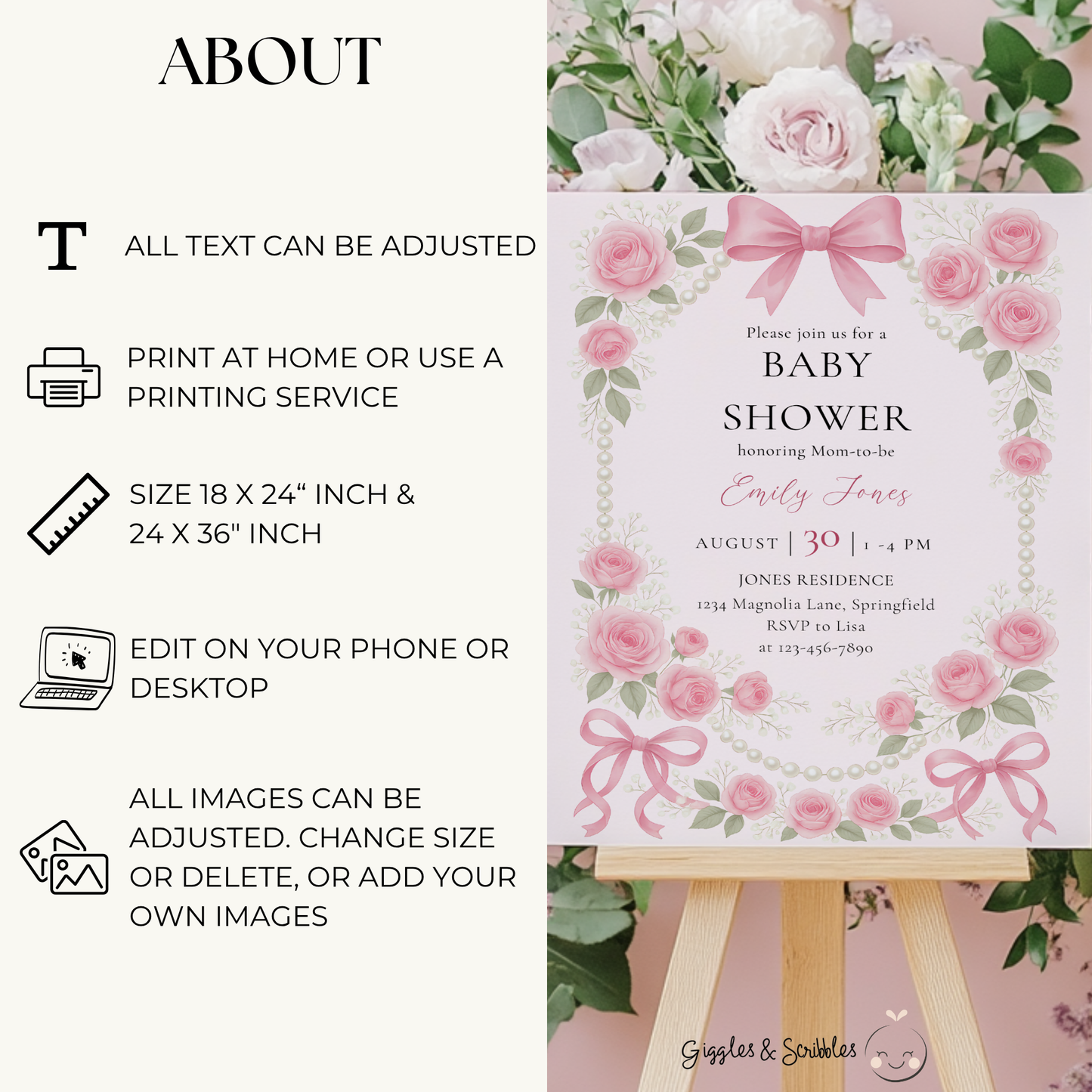 Baby Shower Welcome Sign - Coquette Pearls and Bows Pink Vintage Roses BS161