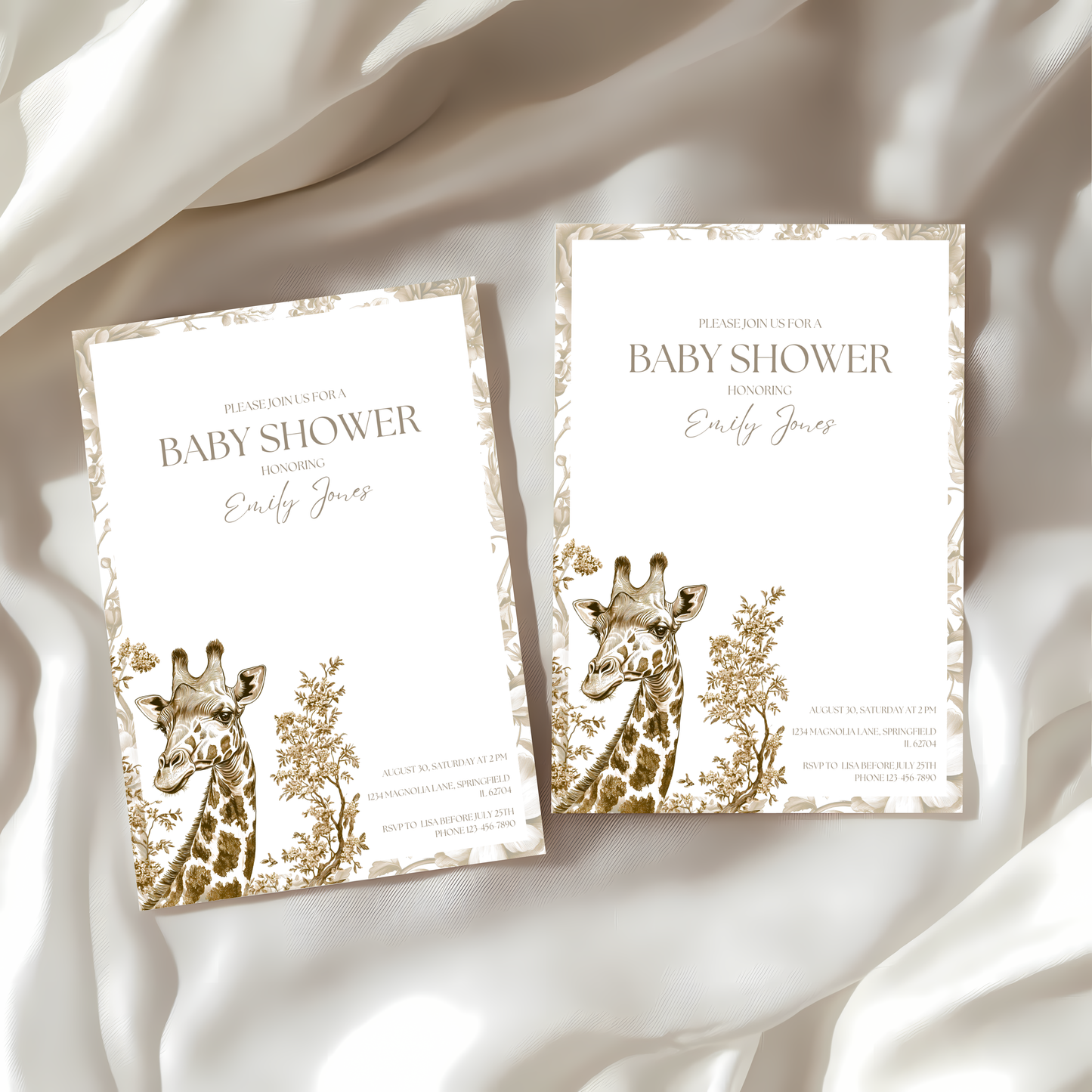 Baby Shower Invitation - Beige Safari Chinoiserie Giraffe BS15