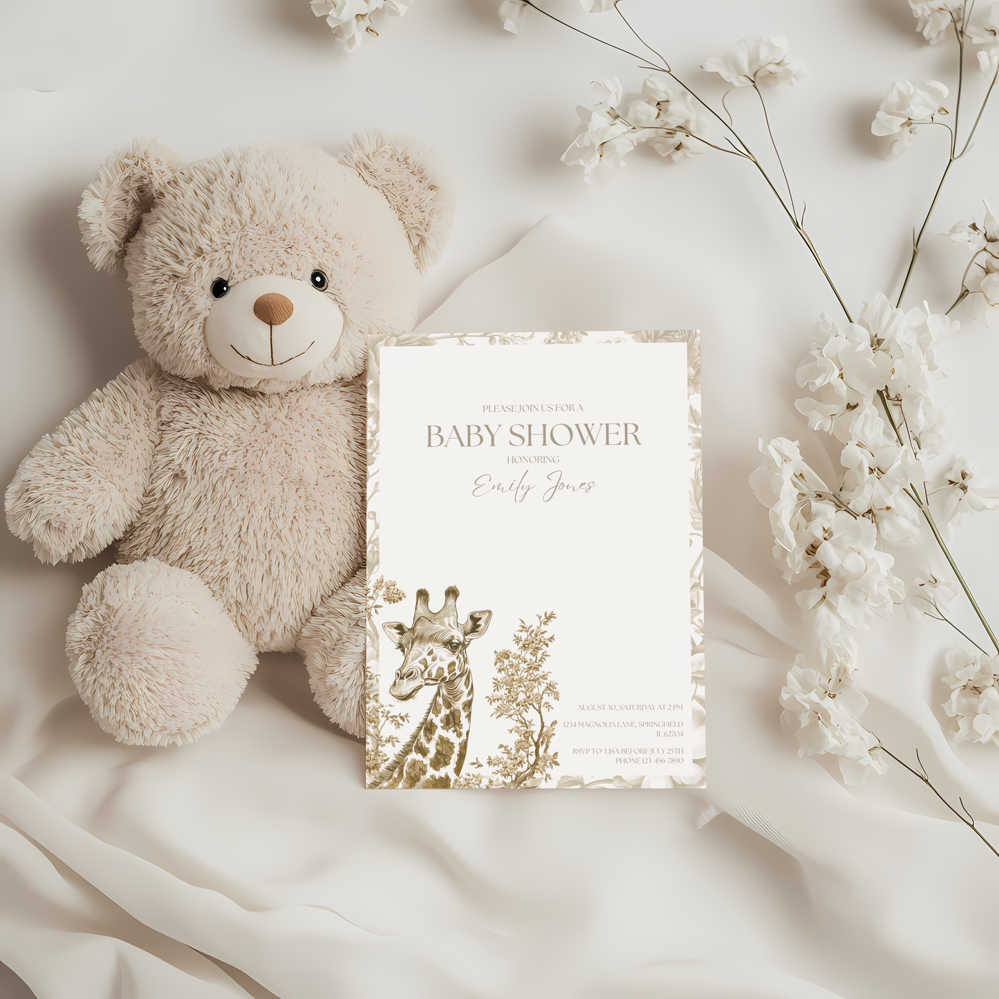 Baby Shower Invitation - Beige Safari Chinoiserie Giraffe BS15