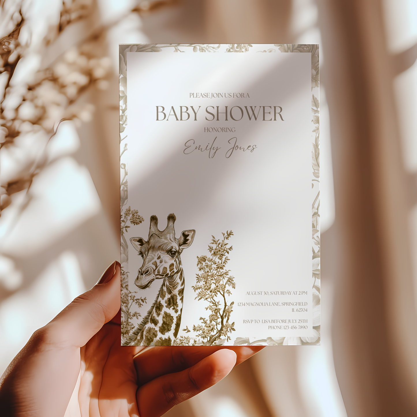 Baby Shower Invitation - Beige Safari Chinoiserie Giraffe BS15