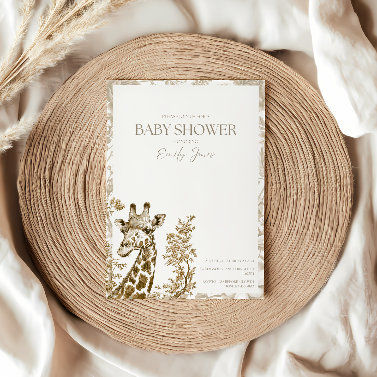 Baby Shower Invitation - Beige Safari Chinoiserie Giraffe BS15