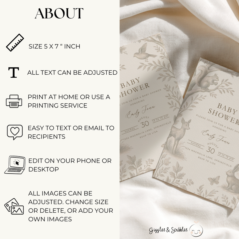 Beige Woodland Baby Shower Invitation BS255
