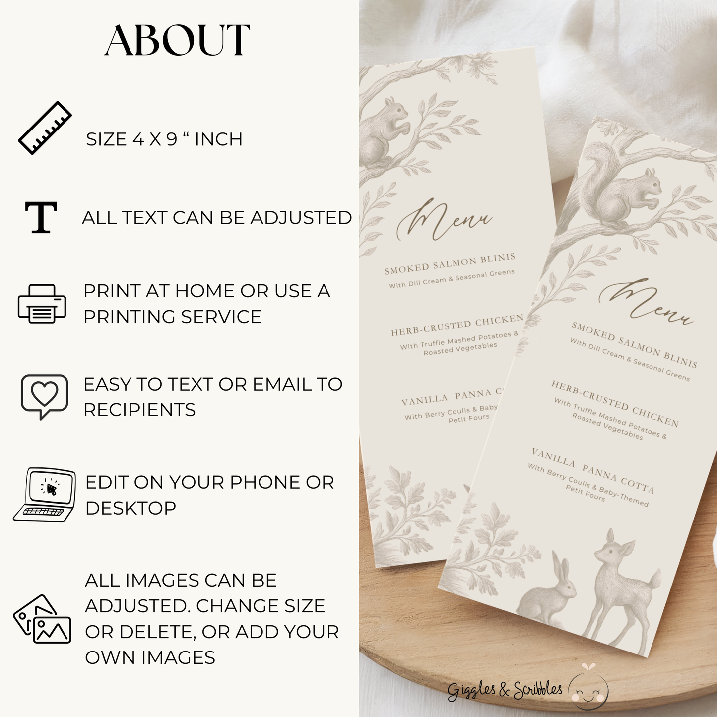 Brown Toile Woodland Menu Card BS255