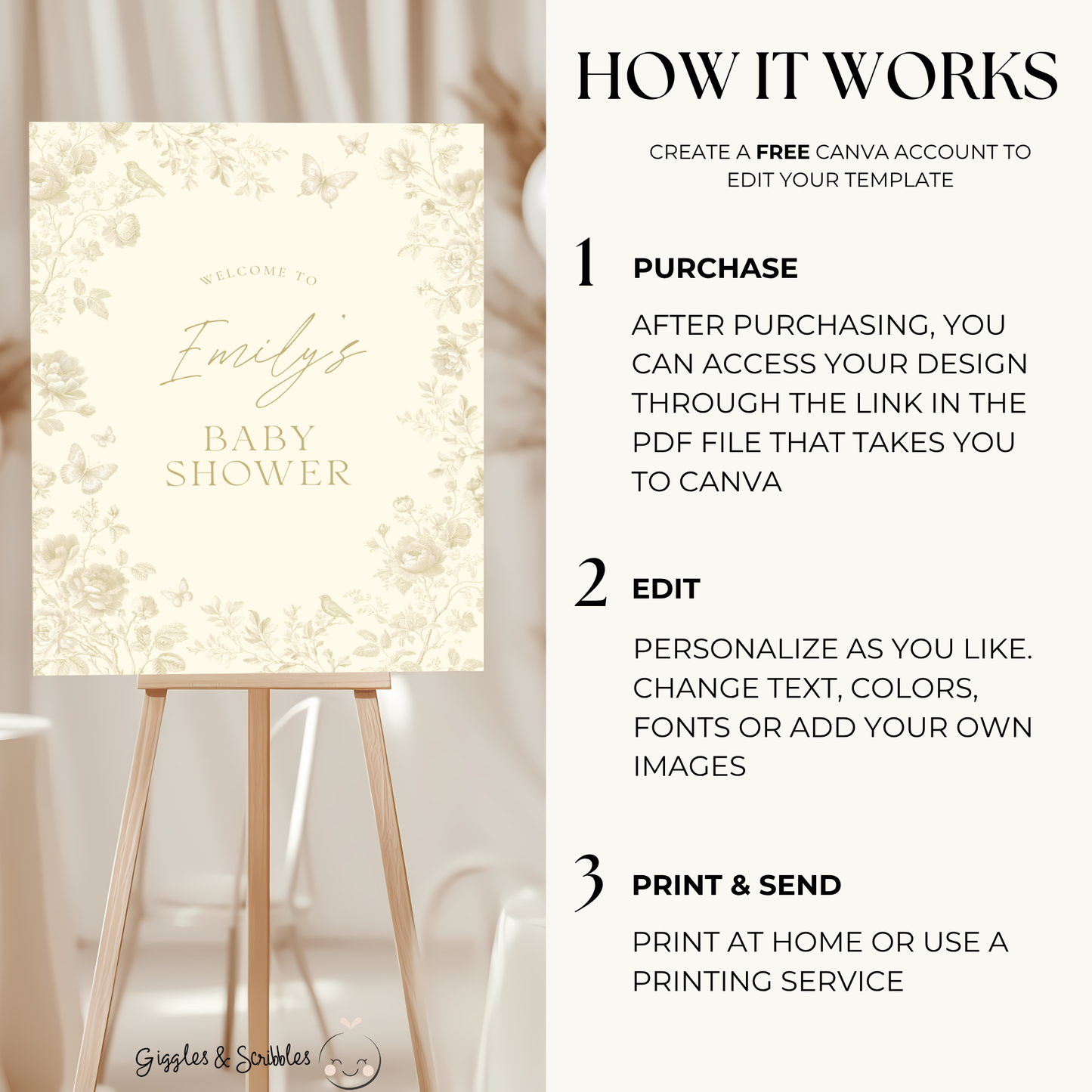 Baby Shower Welcome Sign - Butter Yellow Elegant Toile de Jouy BS187