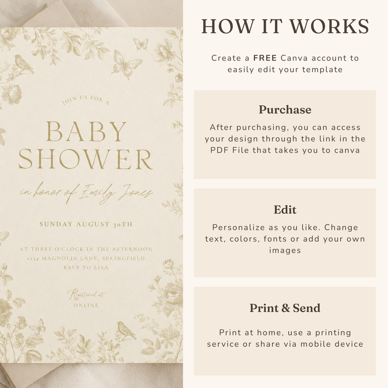 Butter Yellow Baby Shower Invitation Bundle – Elegant Toile Invitation Set BS187