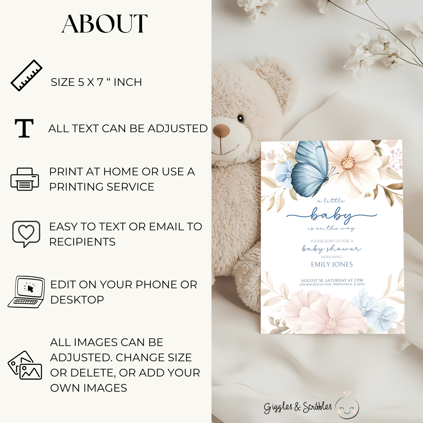 Baby Shower Invitation - Blue Butterfly BS43