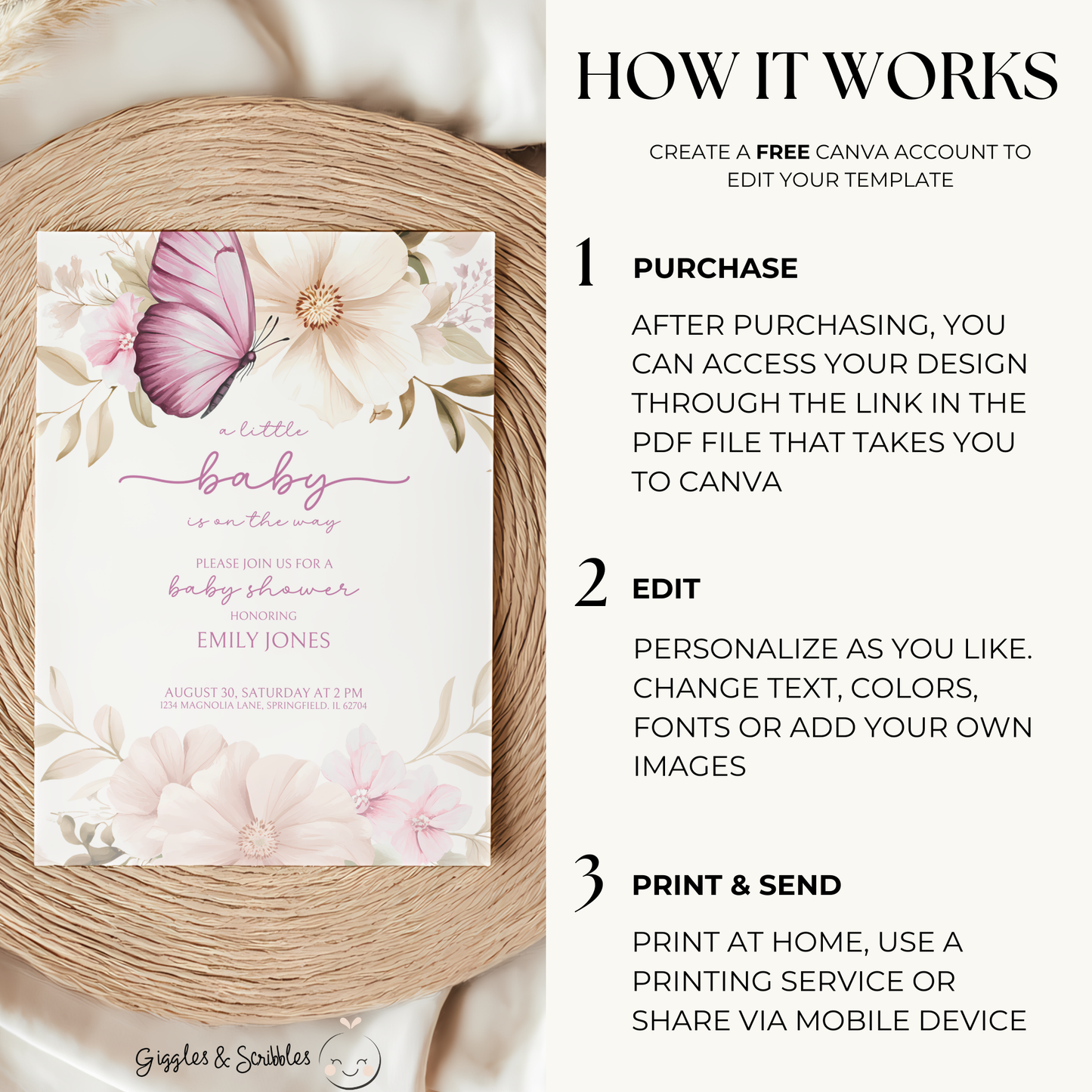 Baby Shower Invitation - Pink Butterfly BS44