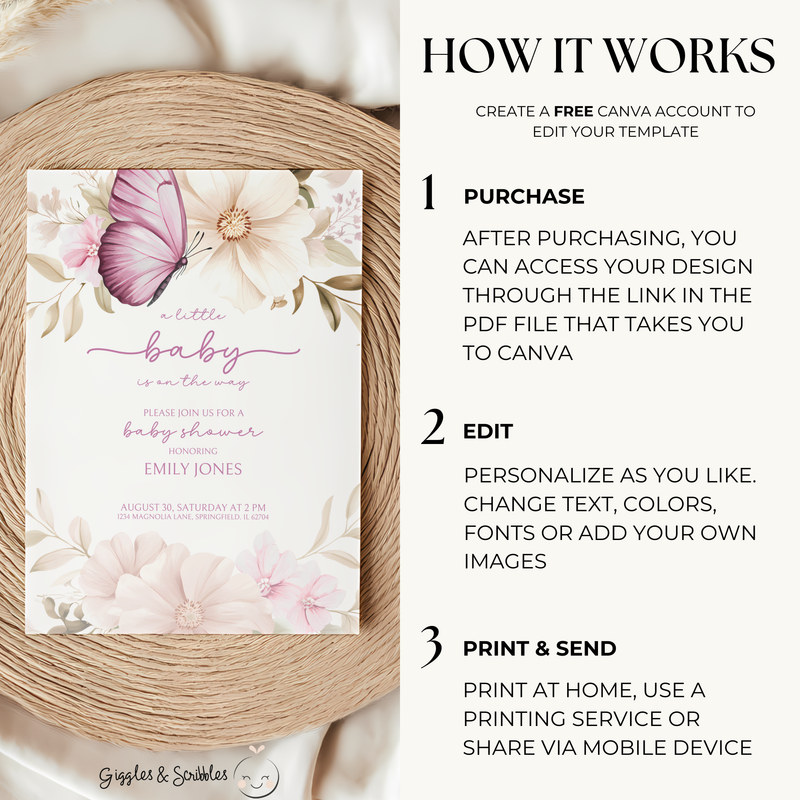 Baby Shower Invitation - Pink Butterfly BS44