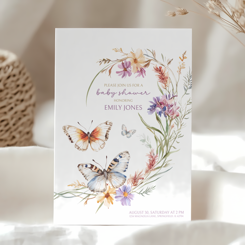 Baby Shower Invitation - Butterfly Wildflowers Baby In Bloom BS46