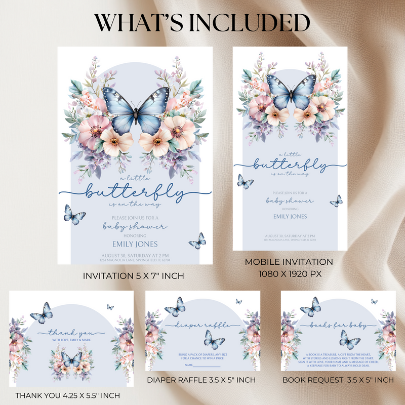 Baby Shower Invitation Bundle - Blue Butterfly BS40