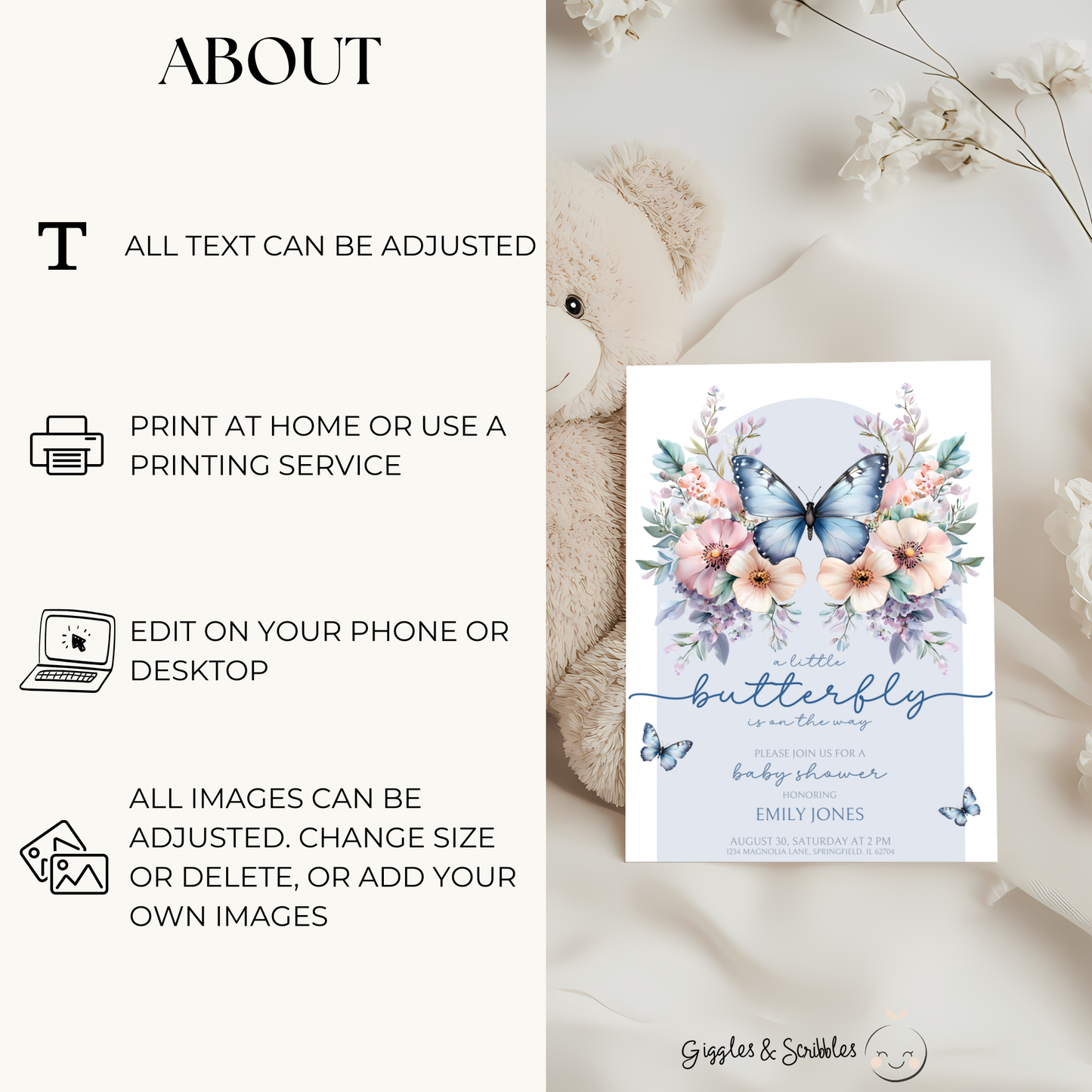 Baby Shower Invitation Bundle - Blue Butterfly BS40