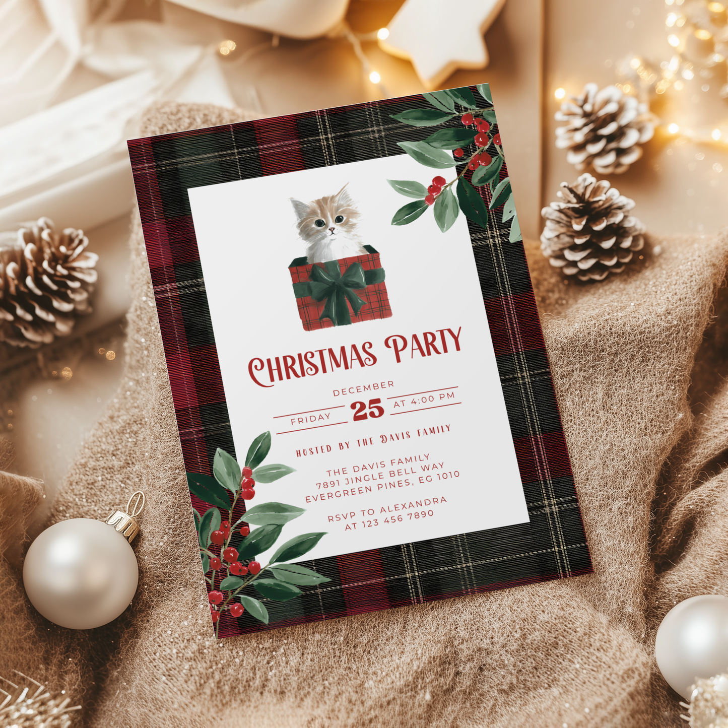 Christmas Cat Holiday Party Invitation L69