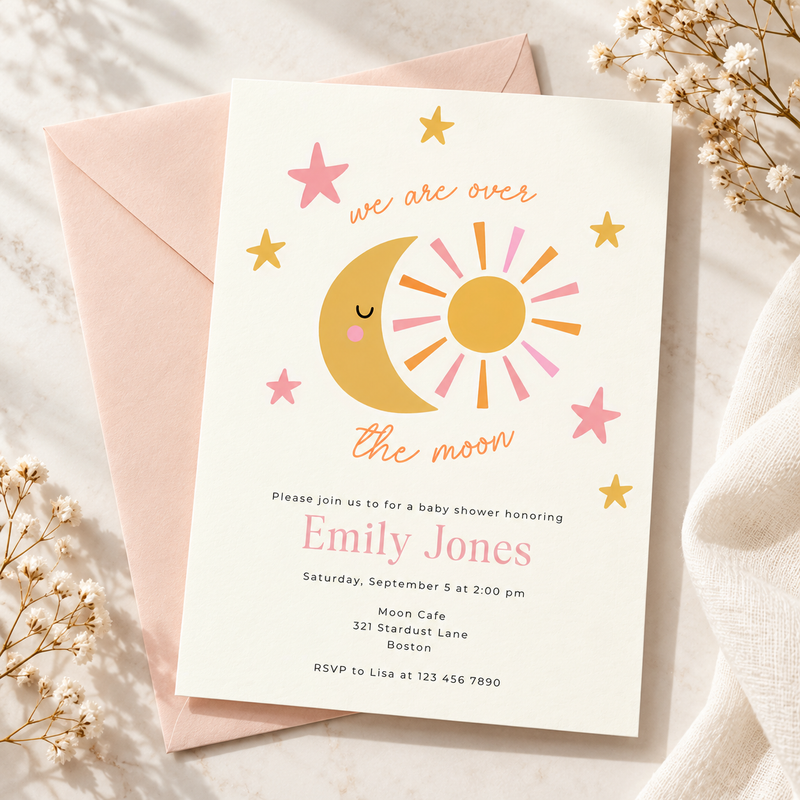 Over the Moon Baby Shower Invitation – Celestial Sun & Moon BS345