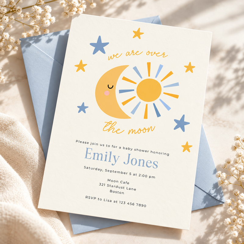Over the Moon Baby Shower Invitation Boy – Celestial Sun & Moon BS345