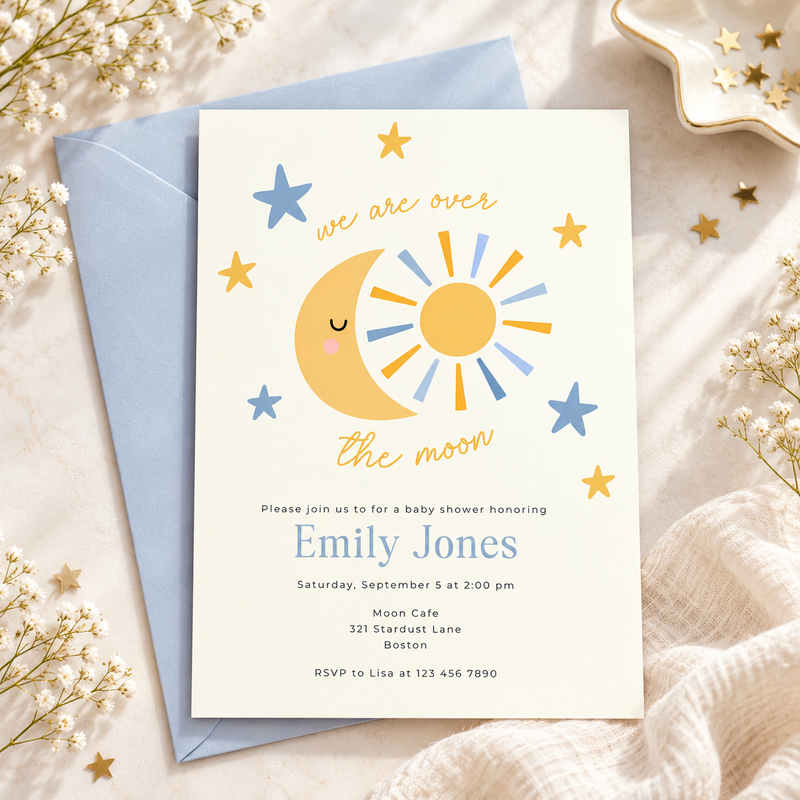 Over the Moon Baby Shower Invitation Boy – Celestial Sun & Moon BS345