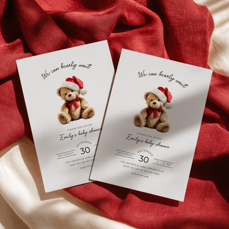 Baby Shower Invitation - Christmas Bear with Santa Hat BS245