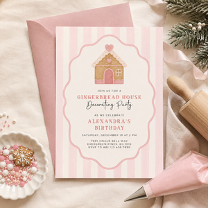 Pink Christmas Gingerbread House Birthday Party Invitation L54
