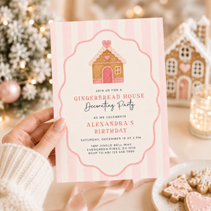 Pink Christmas Gingerbread House Birthday Party Invitation L54