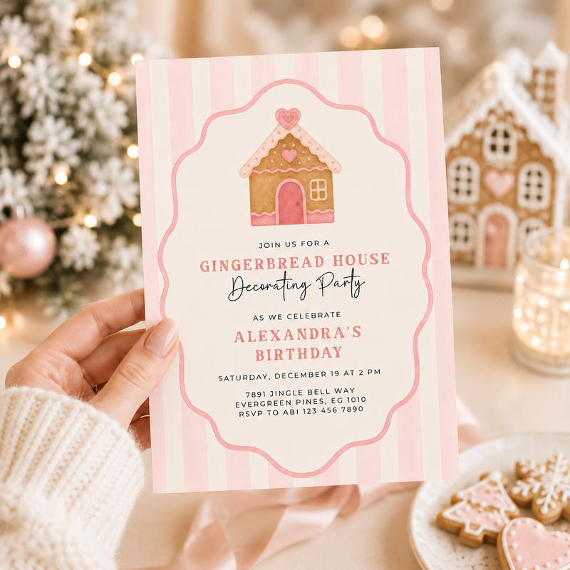Pink Christmas Gingerbread House Birthday Party Invitation L54