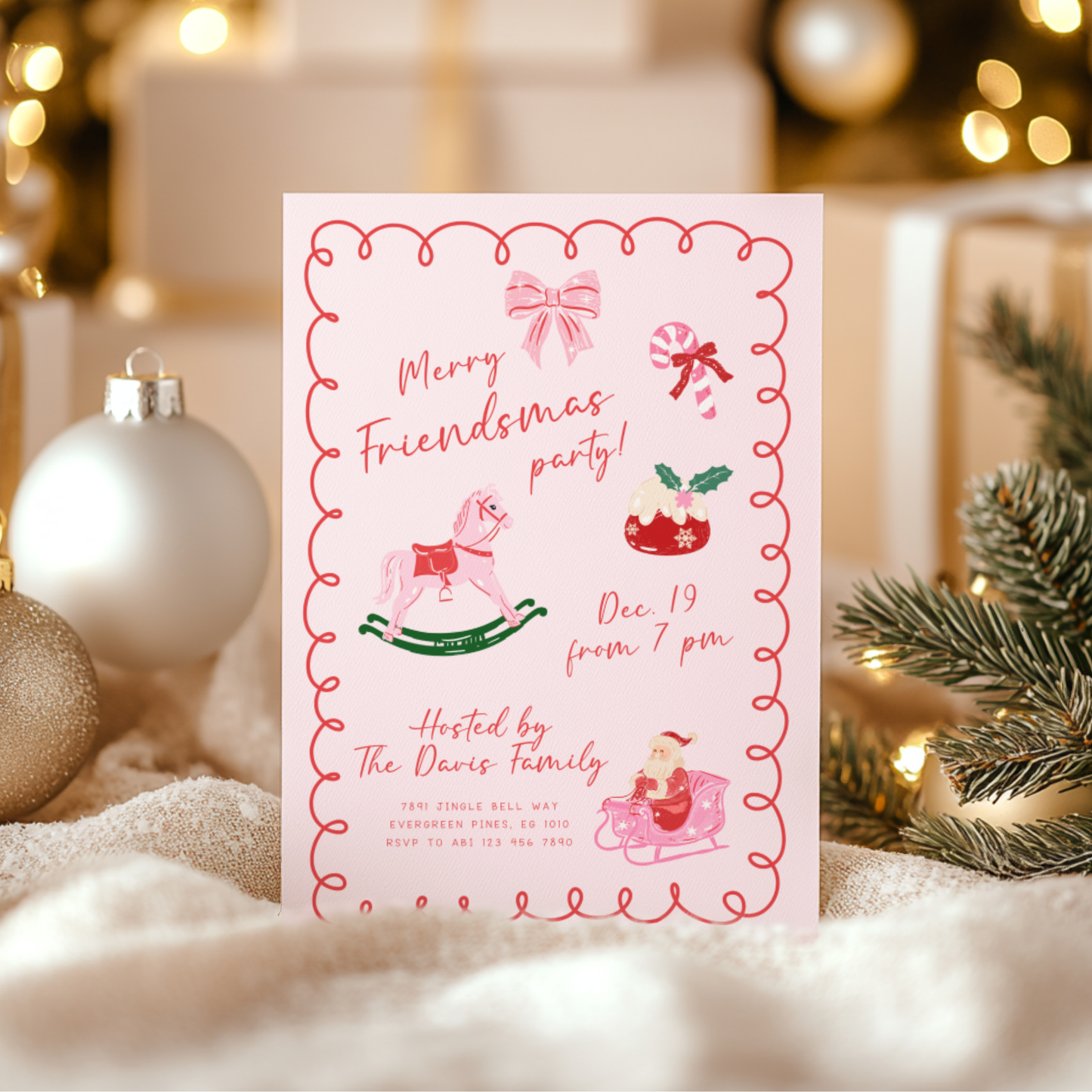 Pink Hand Drawn Christmas Invitation Template L51