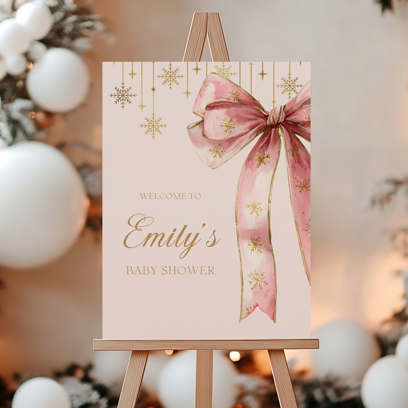 Pink Bow Christmas Baby Shower Welcome Sign for Girl BS250