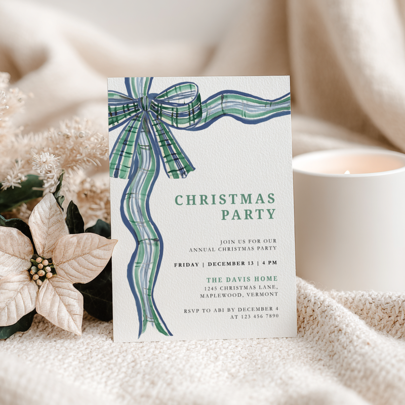Classic Christmas Party Invitation Tartan Bow L57